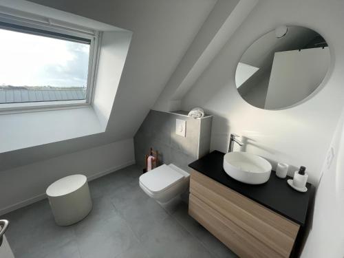 Un baño con inodoro, lavabo y espejo. en Maison du bord de mer, en Le Conquet