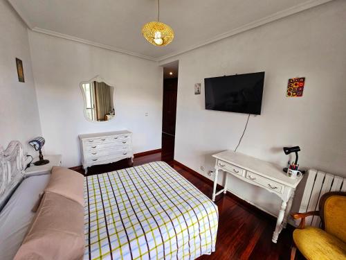a bedroom with a bed and a desk and a tv at Pirámides Ourense in Ourense