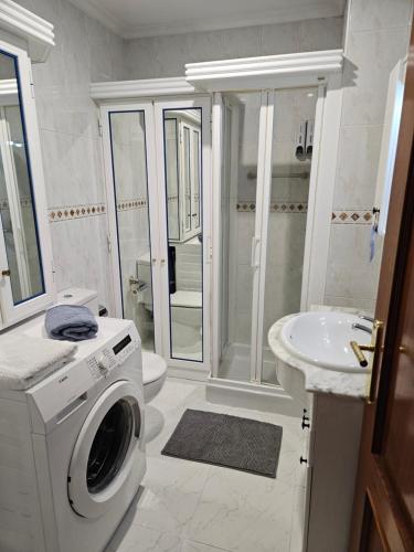 uma casa de banho branca com uma máquina de lavar roupa e um lavatório em Pirámides Ourense em Ourense