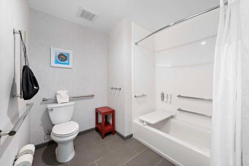 biała łazienka z toaletą i wanną w obiekcie Hampton Inn Big Bear Lake w mieście Big Bear Lake