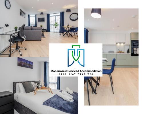 a collage of photos of a kitchen and a living room at Watford Cassio Deluxe - Modernview Serviced Accommodation in Watford