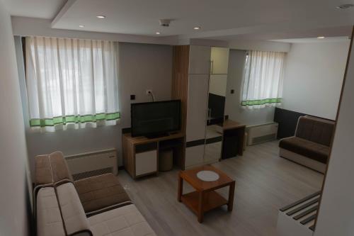 فندق البوسنة 1 في سراييفو: غرفة معيشة بها أريكة وتلفزيون