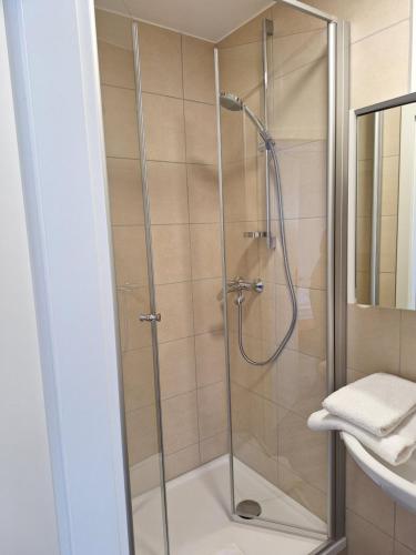 La salle de bains est pourvue d'une douche avec une porte en verre. dans l'établissement Metzgerei und Pension Wolz, à Langenbourg