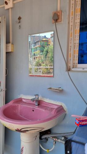 lavandino rosa in bagno con una foto appesa al muro di Elephant Top Holiday Nepal, Homestay, Tansen a Tānsing