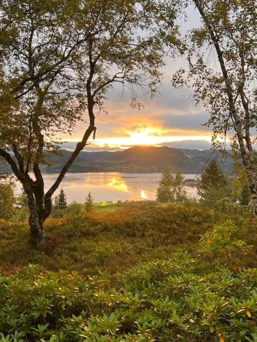 a sunset over a body of water with trees at Stabbur med fantastisk utsikt! in Steinkjer