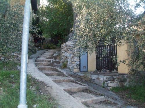 a set of stone steps leading to a building with a blue door at Piccolo rifugio nel Verde in Chiusavecchia