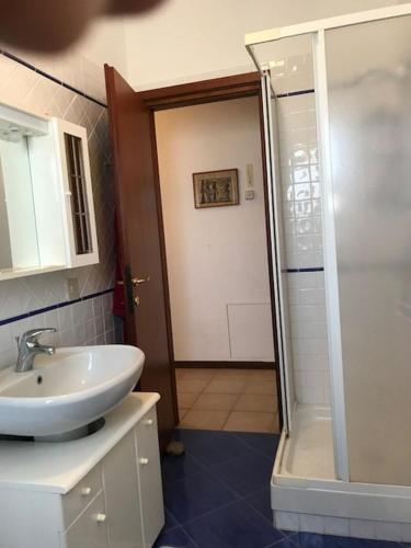 a bathroom with a white sink and a shower at Appartamento FAB in Follonica