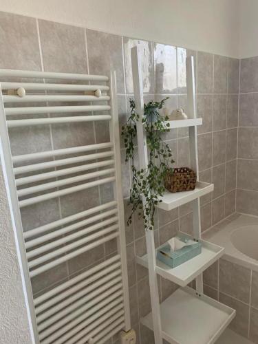 La salle de bains est pourvue d'étagères blanches et d'une baignoire. dans l'établissement LA PHOCEENNE, à La Teste-de-Buch