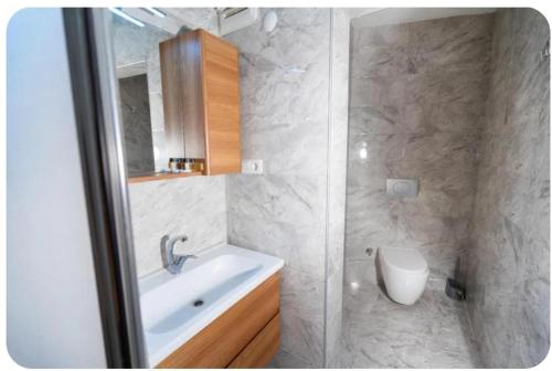 a bathroom with a sink and a shower at Telmessos in Gebze