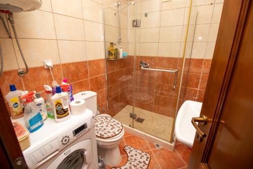 uma casa de banho com um chuveiro e uma máquina de lavar roupa em APARTMENTS ANI em Ulcinj
