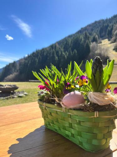 a basket of flowers on a table with a mountain at Landgasthof Marhube in Baldramsdorf