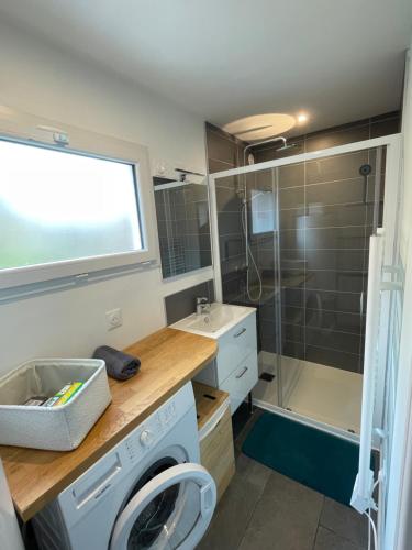 La salle de bains est pourvue d'un lave-linge et d'une douche. dans l'établissement maison de ville en centre ville cany-barville, à Cany-Barville