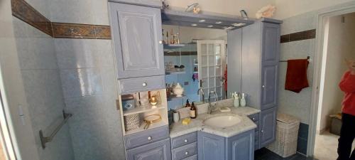 uma casa de banho azul com um lavatório e um espelho em L'Olivier em Sainte-Agnès