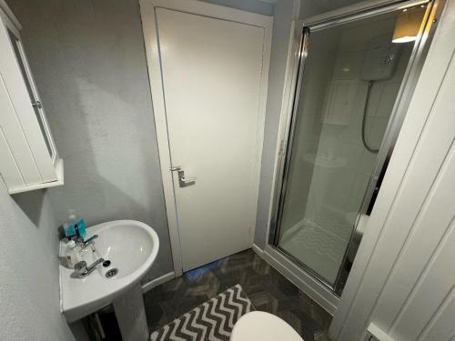 uma casa de banho com um chuveiro, um lavatório e um WC. em Towerknowe em Hawick