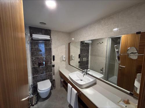 a bathroom with a sink and a toilet and a mirror at Grand Turkuaz Hotel in Bursa