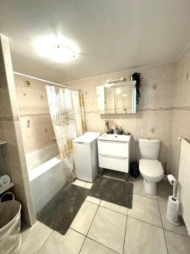une salle de bain avec toilettes, lavabo et baignoire dans l'établissement T2 La roseraie, à Chambéry
