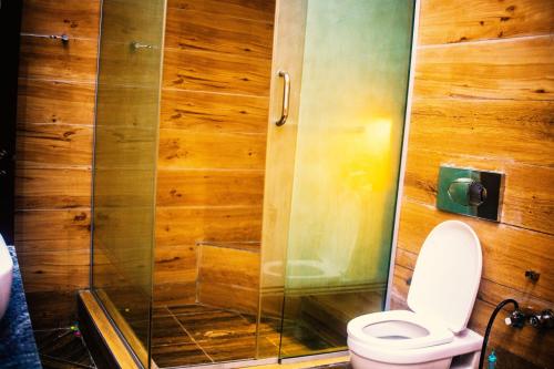 Gwarinpaにある2bedroom Masters Apartmentのバスルーム(トイレ、ガラス張りのシャワー付)
