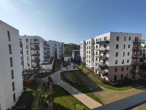 an aerial view of a city with tall buildings at Nadmorski Apartament Dream w Gdańsku in Gdańsk