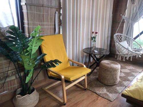 a yellow chair in a living room with a plant at Sea Urchin Homestay in Phan Rang