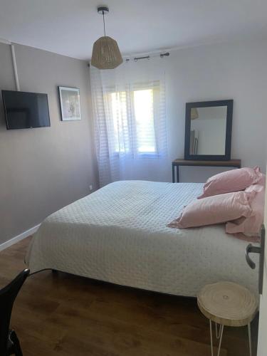 Schlafzimmer mit einem Bett mit rosa Kissen und einem Spiegel in der Unterkunft Appartement proche du départ du GR20 in Calenzana