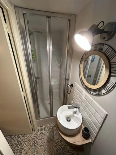 une salle de bain avec une douche, un lavabo et un miroir dans l'établissement La P'tite Grise - Studio Cosy centre Honfleur, à Honfleur