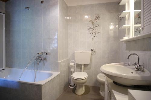 La salle de bains est pourvue de toilettes, d'une baignoire et d'un lavabo. dans l'établissement Il Frutteto Natura a Relax, à Stazzema