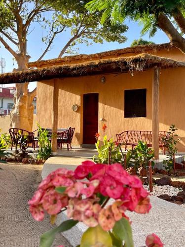 una pequeña casa con techo de paja y flores rosas en Sulcata Lodge en Ouoran