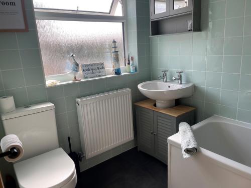 a bathroom with a white toilet and a sink at 45 Mold Road in Wrexham