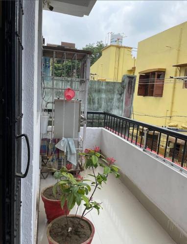 a balcony with two potted plants on a building at S.S. GUEST HOUSE in Patna