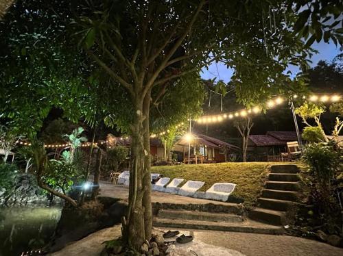 a group of white benches under a tree at night at ท่าเเพ รีสอร์ท in Ban Tha Phae