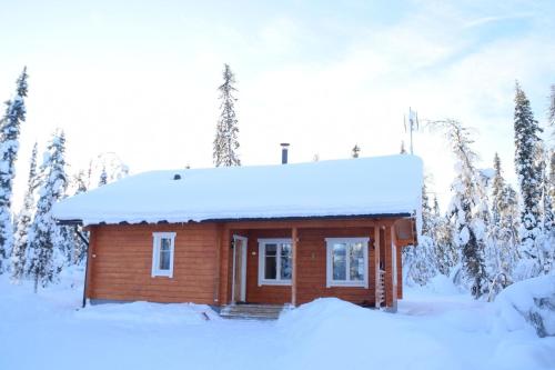Cabaña de madera pequeña con nieve en el techo en Verträumtes Blockhaus mitten im Wald, en Rauhala