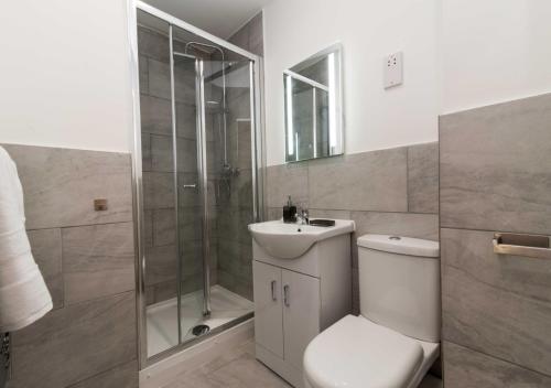 een badkamer met een douche, een toilet en een wastafel bij Webberley Stylish and Spacious Studio Unit in Stoke on Trent in Stoke on Trent