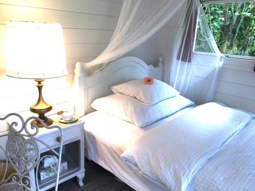 1 dormitorio con 1 cama con lámpara y ventana en Teichhäuschen Cyprinus en Aarau