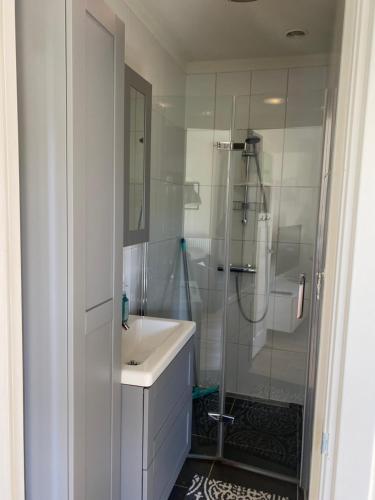 a white bathroom with a shower and a sink at Zomerhuis aan Zee in Zandvoort