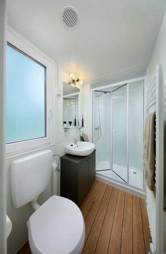 a bathroom with a toilet and a sink and a shower at KNAUS Campingpark Wingst in Wingst