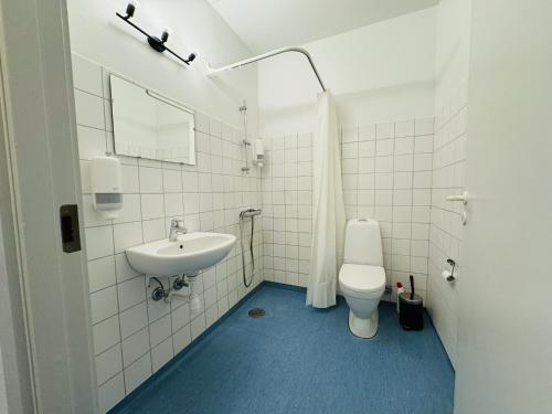 aday - Randers cozy 1 bedroom apartment في راندرس: حمام أبيض مع حوض ومرحاض