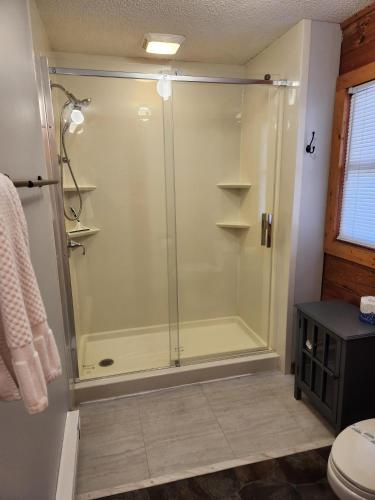 a shower with a glass door in a bathroom at Pine Creek Cabin in Blowing Rock
