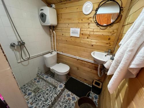 a bathroom with a toilet and a sink at Serenity Retreats Maciuca 
