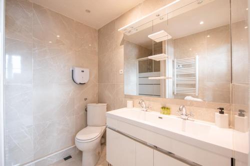 La salle de bains est pourvue de toilettes, d'un lavabo et d'un miroir. dans l'établissement Appartement Unique à 13 min de Paris, à Deuil-la-Barre