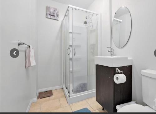 a bathroom with a shower and a toilet and a sink at Lush Abode! Close to ottawa airport.2 spacious bedrooms in Ottawa