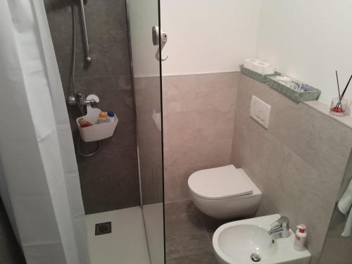 a bathroom with a shower and a toilet and a sink at Casa Miky in Lanzada