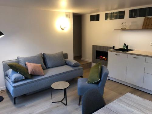 een woonkamer met een blauwe bank en een keuken bij Aan 't Bos met sauna in Oudenaarde