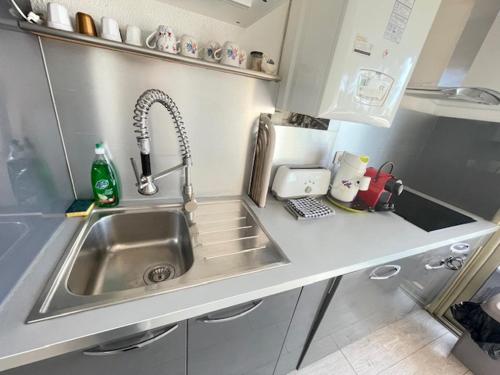 uma cozinha com um lavatório e uma bancada em Appartement Face à la Mer et au Port Saint Laurent du VAR avec Jardin Privatif em Saint-Laurent-du-Var