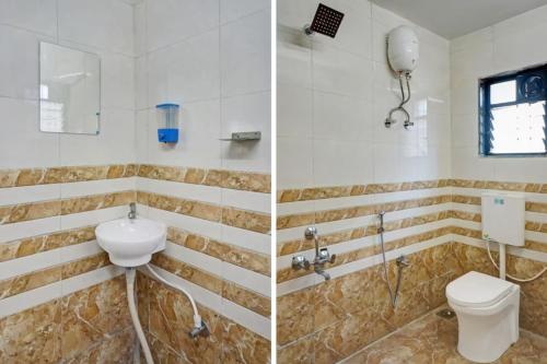 two pictures of a bathroom with a toilet and a sink at Hotel Stay Prime in Pune