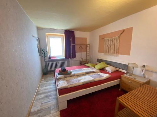 een slaapkamer met een groot bed en een rood tapijt bij small accomondation with possibility for wellness in Beverungen