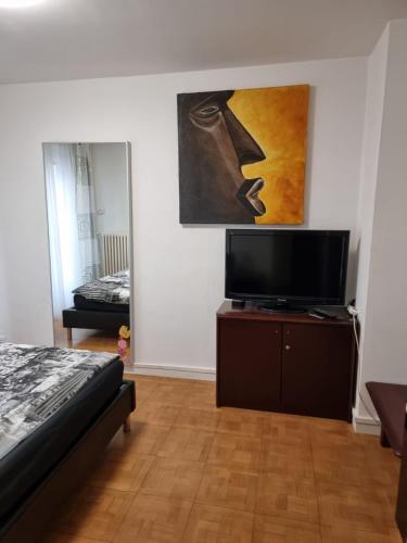 ein Wohnzimmer mit einem TV und einem Wandgemälde in der Unterkunft Rue de l'Indiennerie 3 in Genf