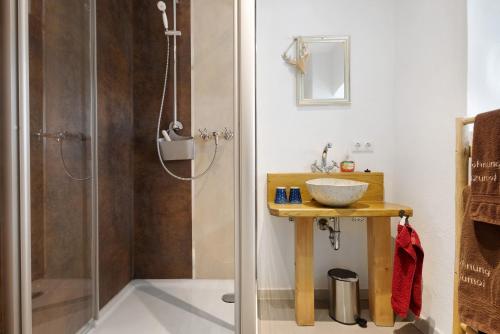 a bathroom with a shower and a sink at Stub'n Herbert in Waischenfeld