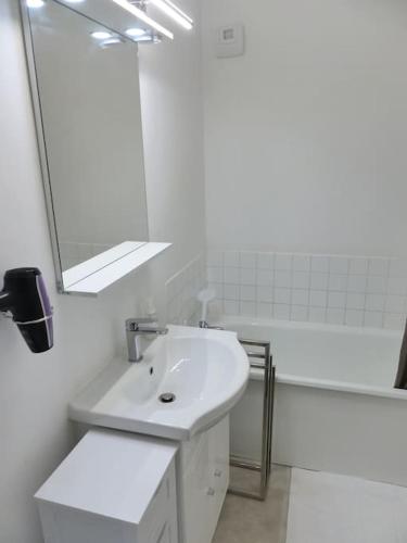une salle de bain blanche avec un lavabo et un miroir dans l'établissement VULCAIN 2, 18ème, Le toit de Vulcain, superbe vue, à Nantes