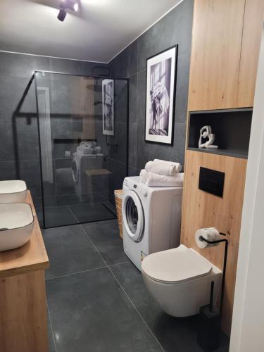 a bathroom with a toilet and a washing machine at AXO-HOSTELS in Stalowa Wola