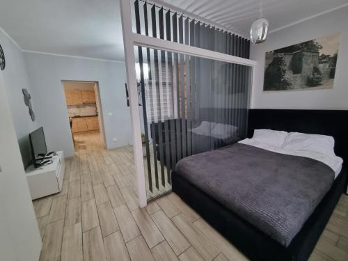 1 dormitorio con 1 cama y puerta corredera de cristal en Apartamenty Firfas 9, en Bydgoszcz